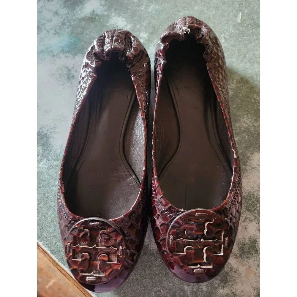 Tory Burch Reva Dark Brown Patent Leather Ballet Flats with “Snakeskin” Pattern